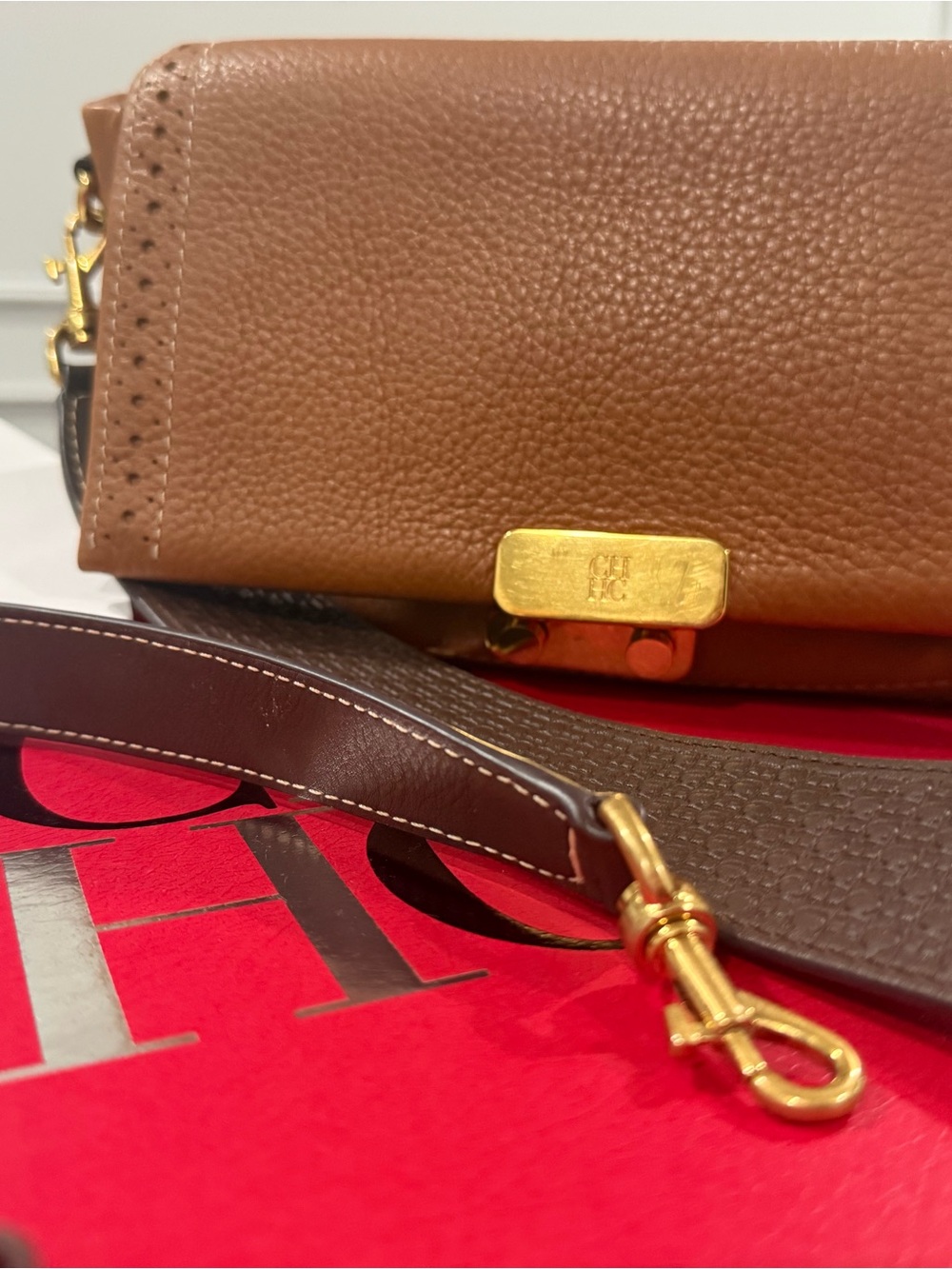 Carolina Herrera Tan and Dark Brown Leather Shoulder Bag with Gold Hardware